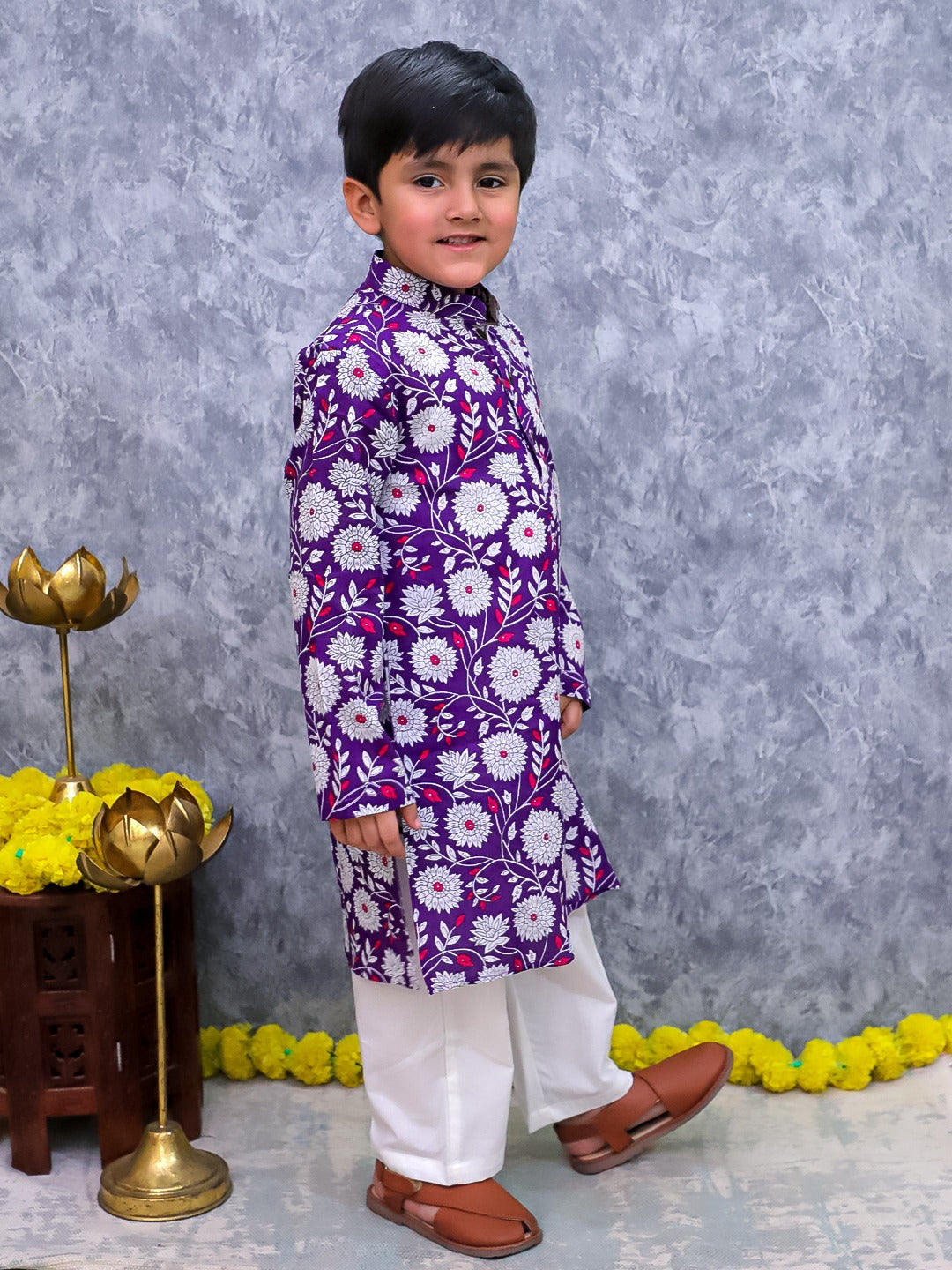 Unbind Purple Floral Embroidered Kurta Pajama Set for Boys