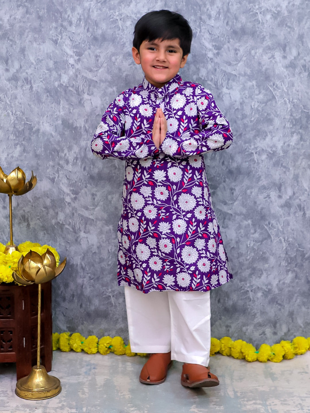 Unbind Purple Floral Embroidered Kurta Pajama Set for Boys
