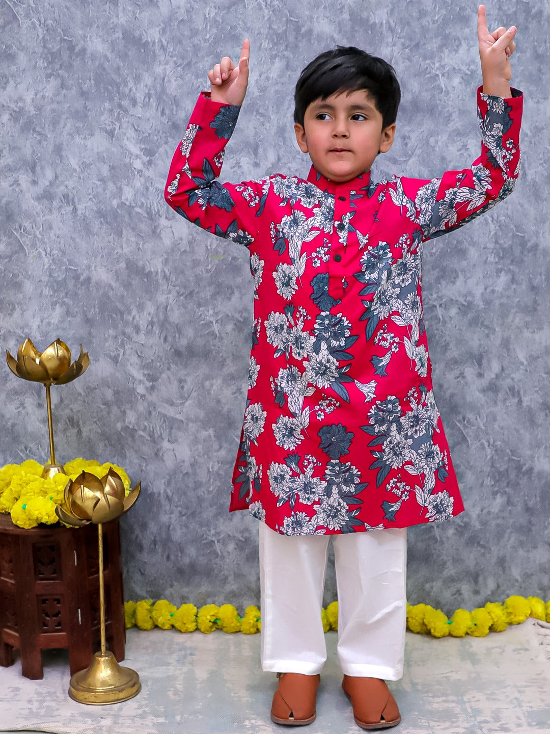Unbind Red & Blue Floral Printed Kurta Pajama Set for Boys