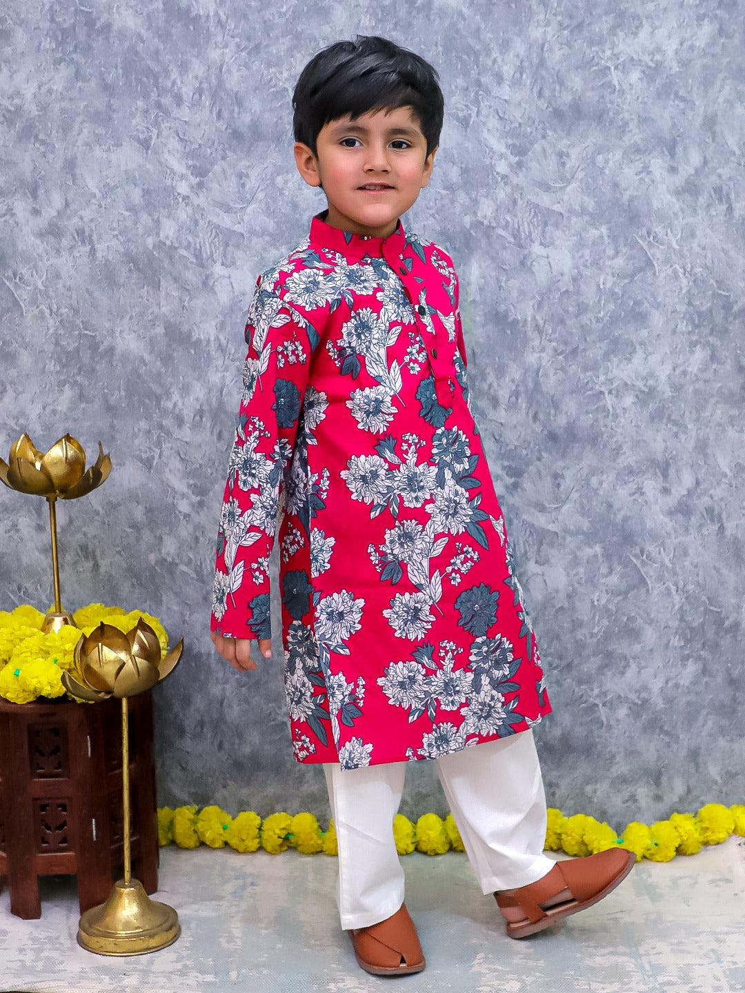 Unbind Red & Blue Floral Printed Kurta Pajama Set for Boys