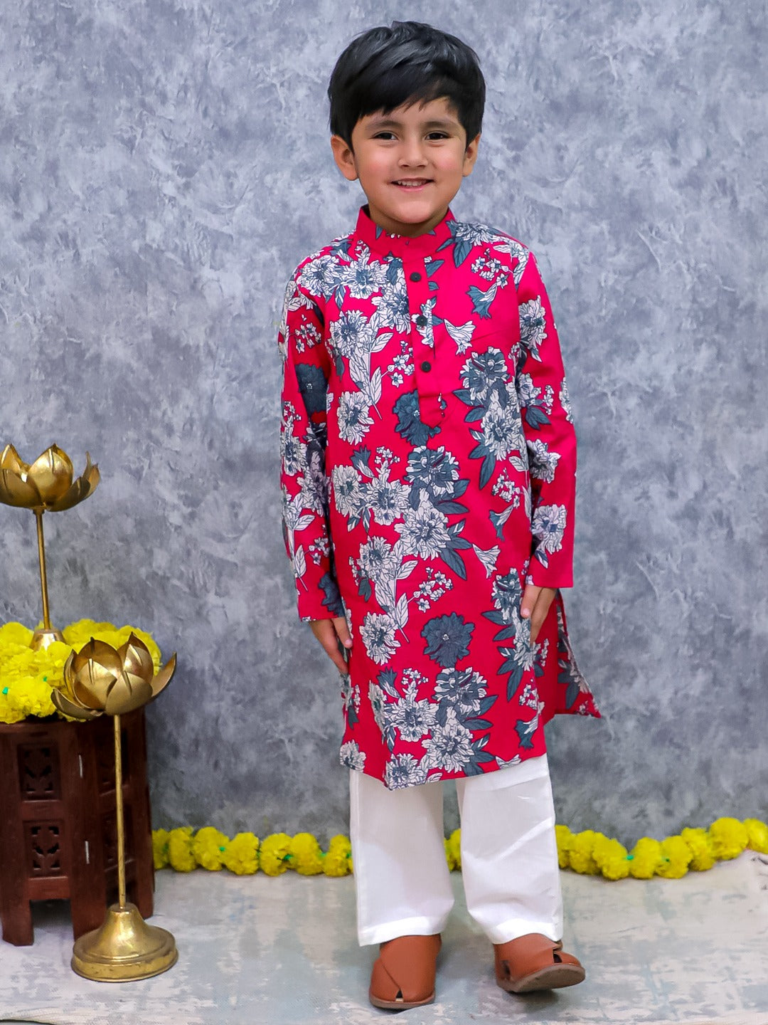 Unbind Red & Blue Floral Printed Kurta Pajama Set for Boys