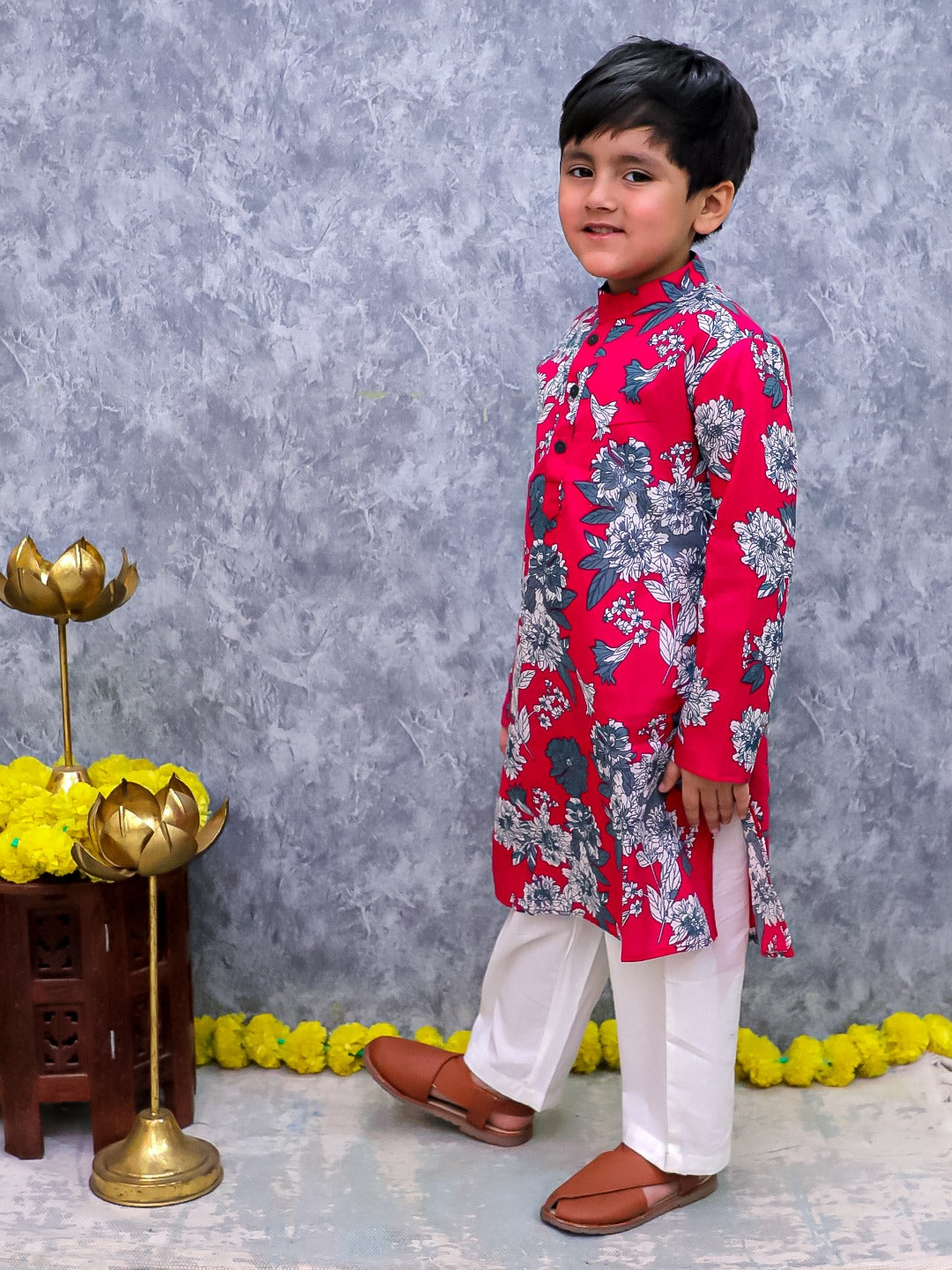 Unbind Red & Blue Floral Printed Kurta Pajama Set for Boys