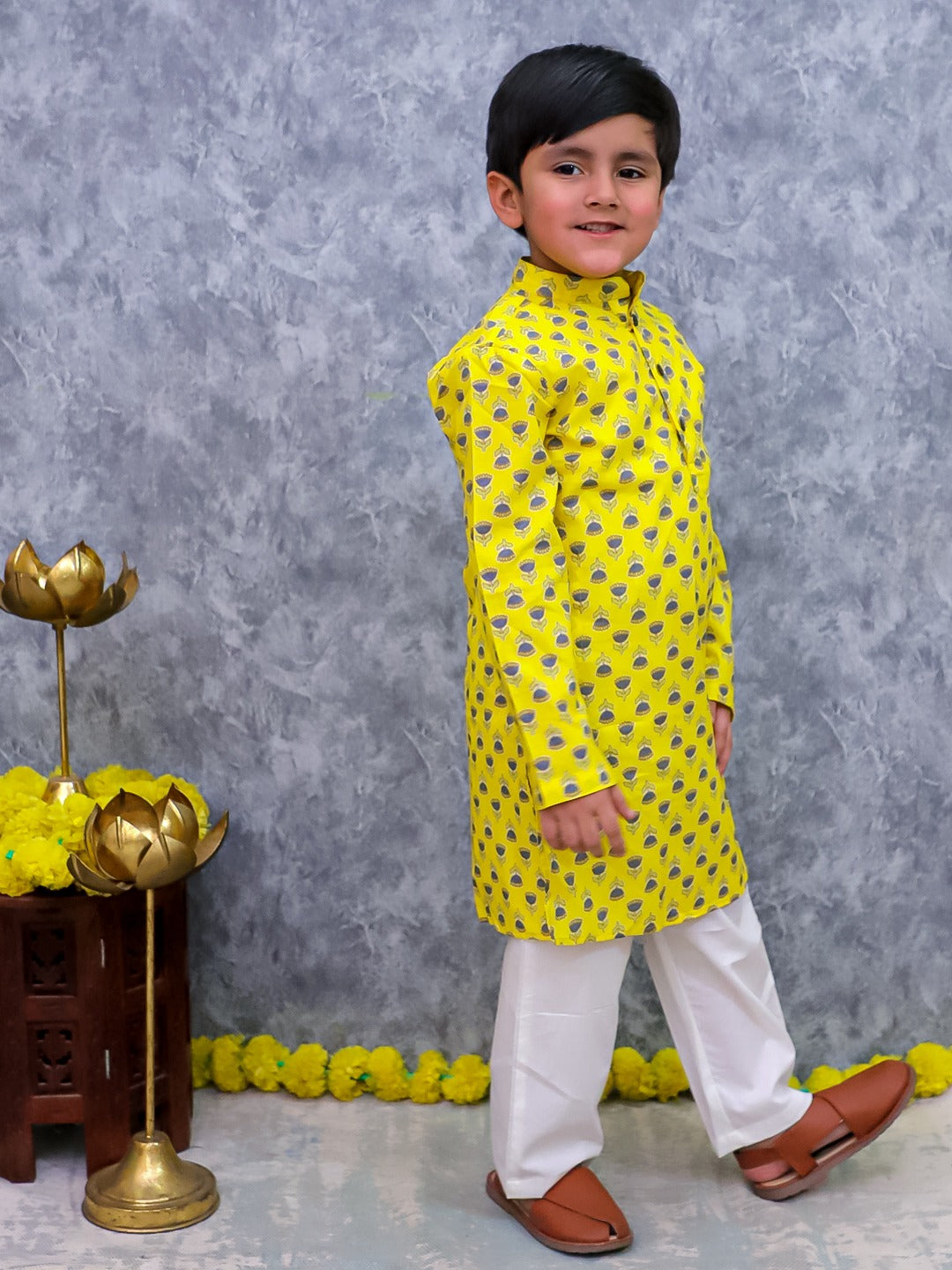 Unbind Yellow Printed Kurta Pajama Set for Boys