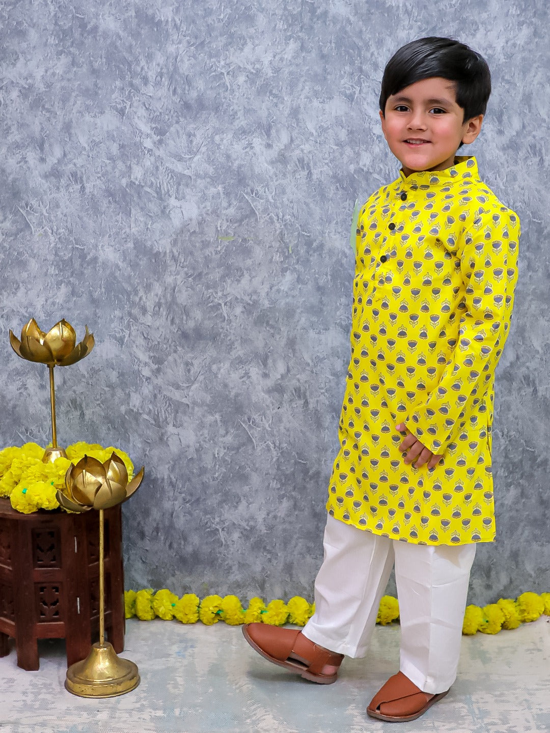 Unbind Yellow Printed Kurta Pajama Set for Boys