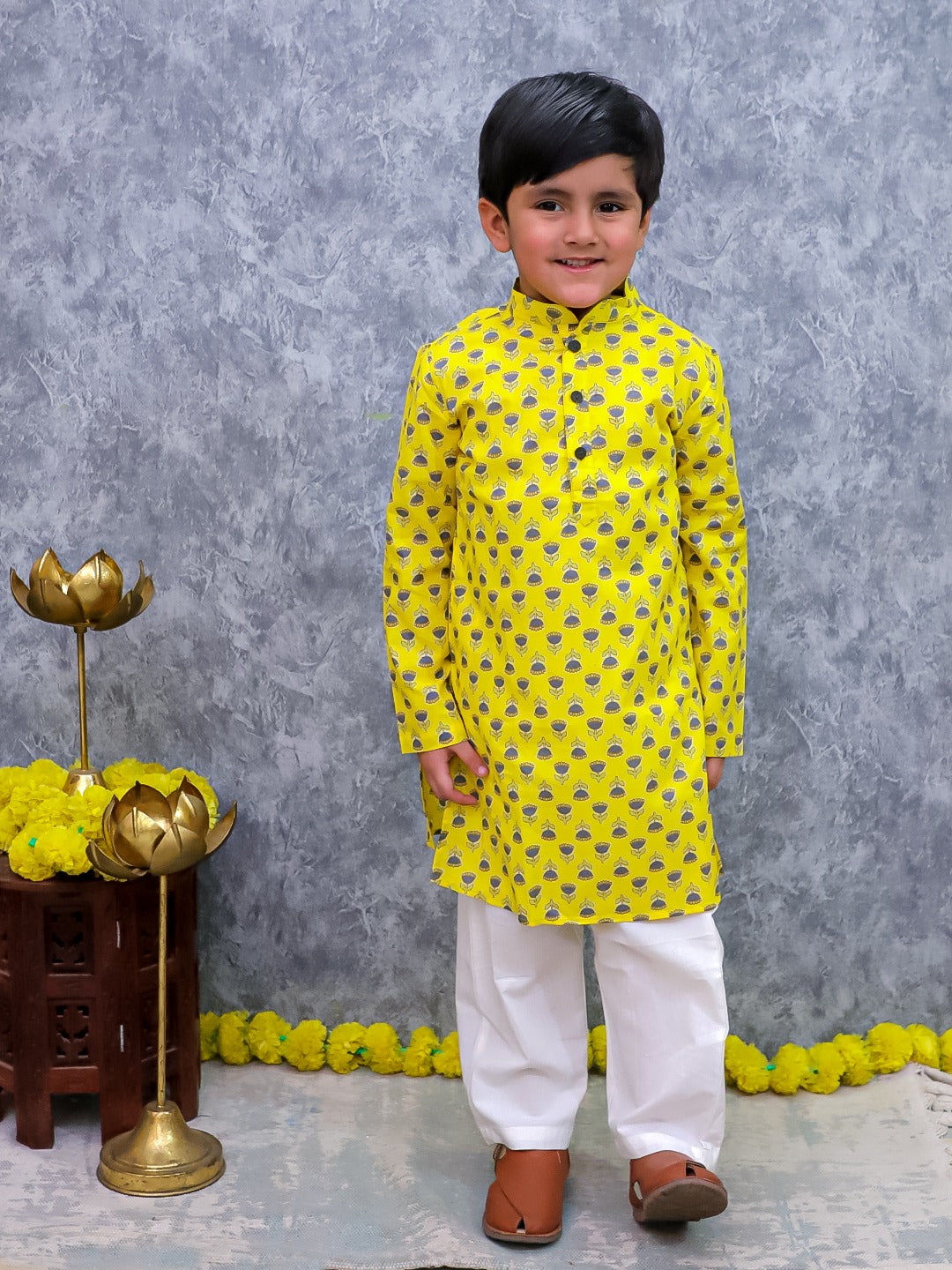 Unbind Yellow Printed Kurta Pajama Set for Boys
