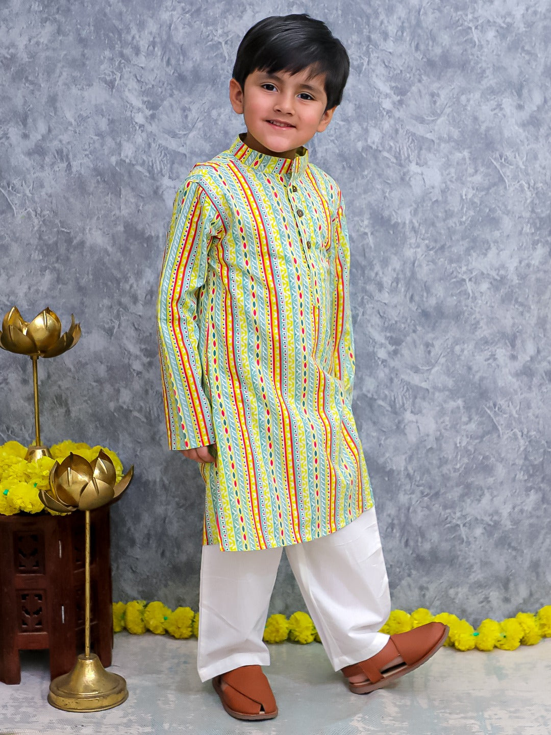 Unbind Multicolor Tribal Stripe Kurta Pajama Set for Boys