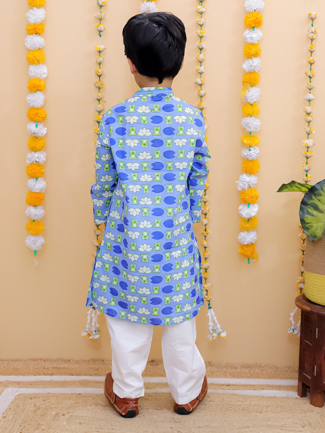 "Lily Pond Vibes – Boys' Blue & Green Printed Kurta Set"