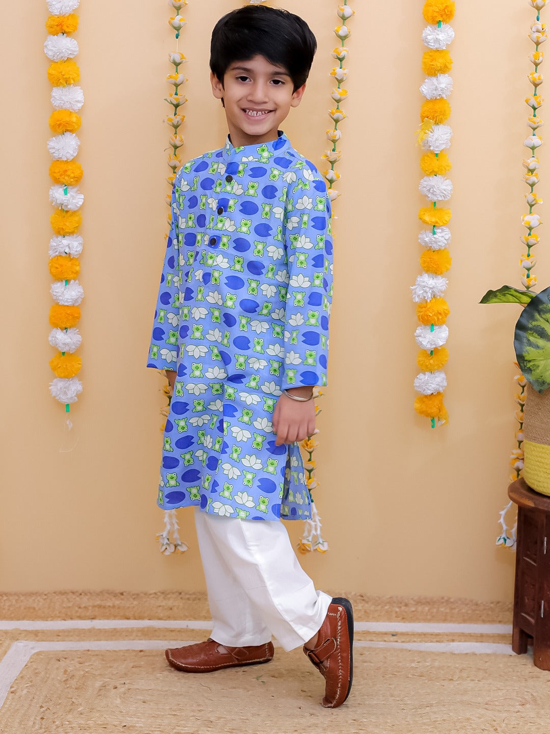"Lily Pond Vibes – Boys' Blue & Green Printed Kurta Set"