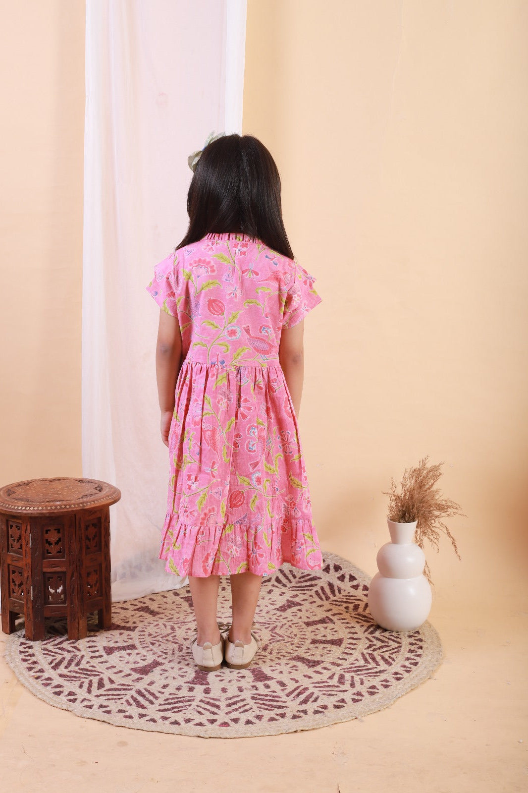 Unbind Girls Pink Floral Printed Cotton Dress – Elegant Summer Outfit for Kids