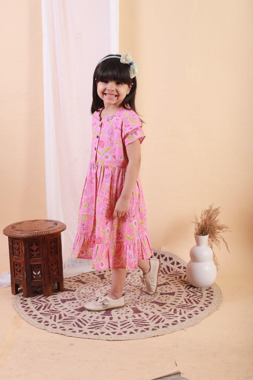 Unbind Girls Pink Floral Printed Cotton Dress – Elegant Summer Outfit for Kids