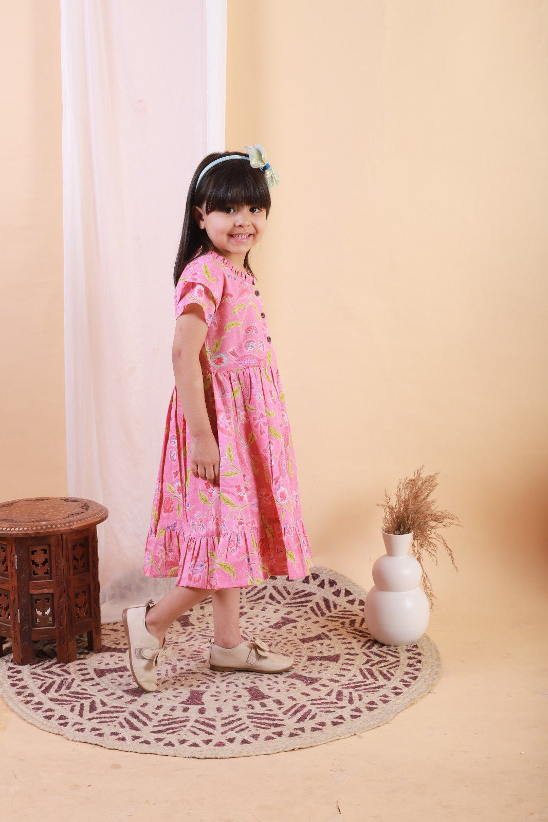 Unbind Girls Pink Floral Printed Cotton Dress – Elegant Summer Outfit for Kids