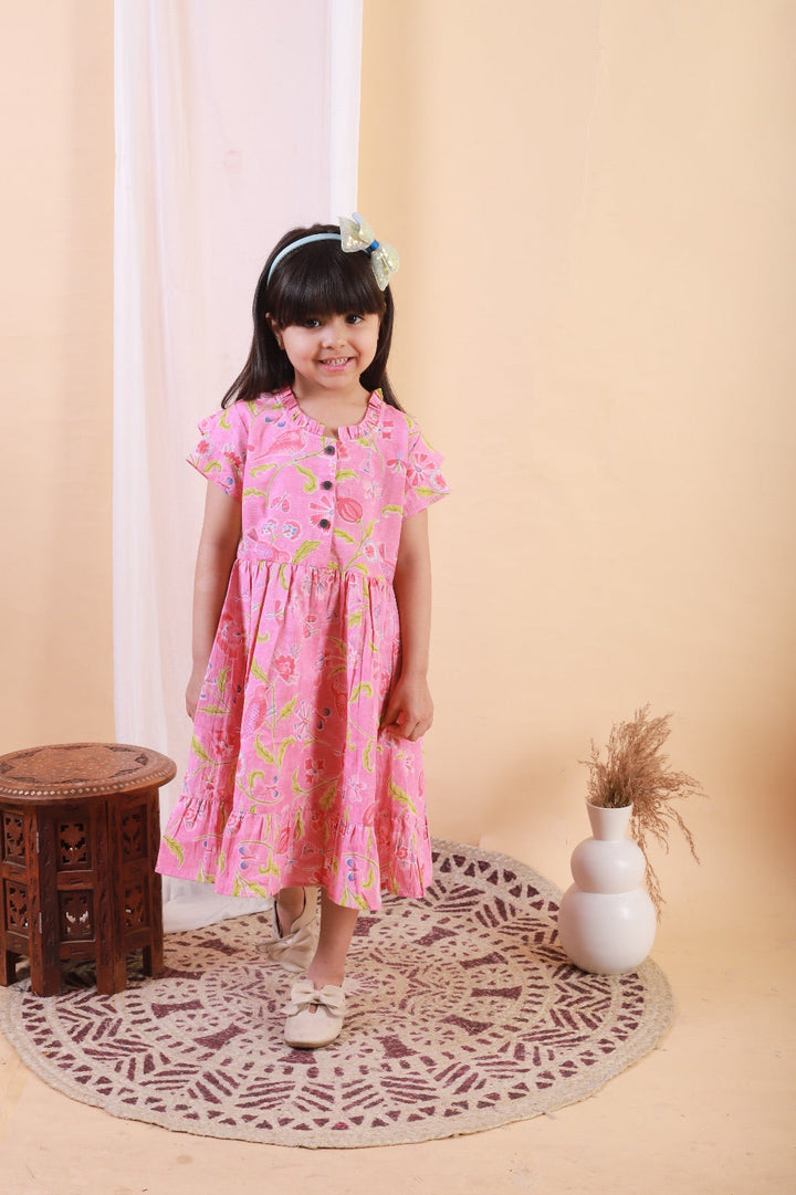 Unbind Girls Pink Floral Printed Cotton Dress – Elegant Summer Outfit for Kids