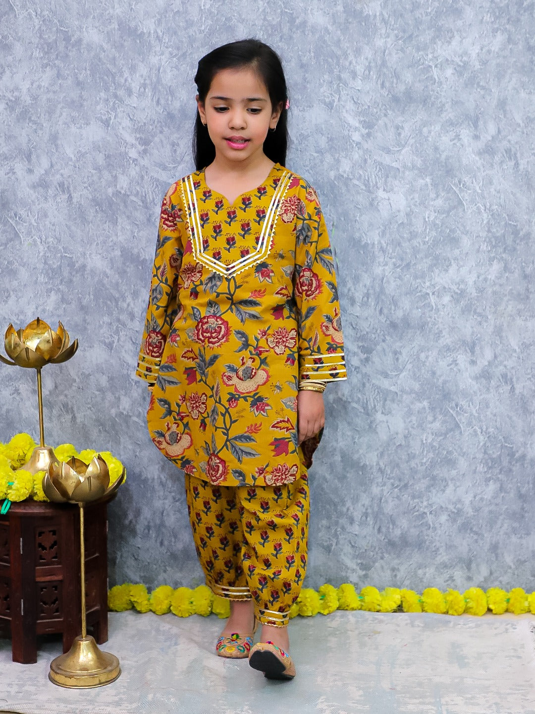 Unbind Mustard Floral Printed Kurta Set for Girls