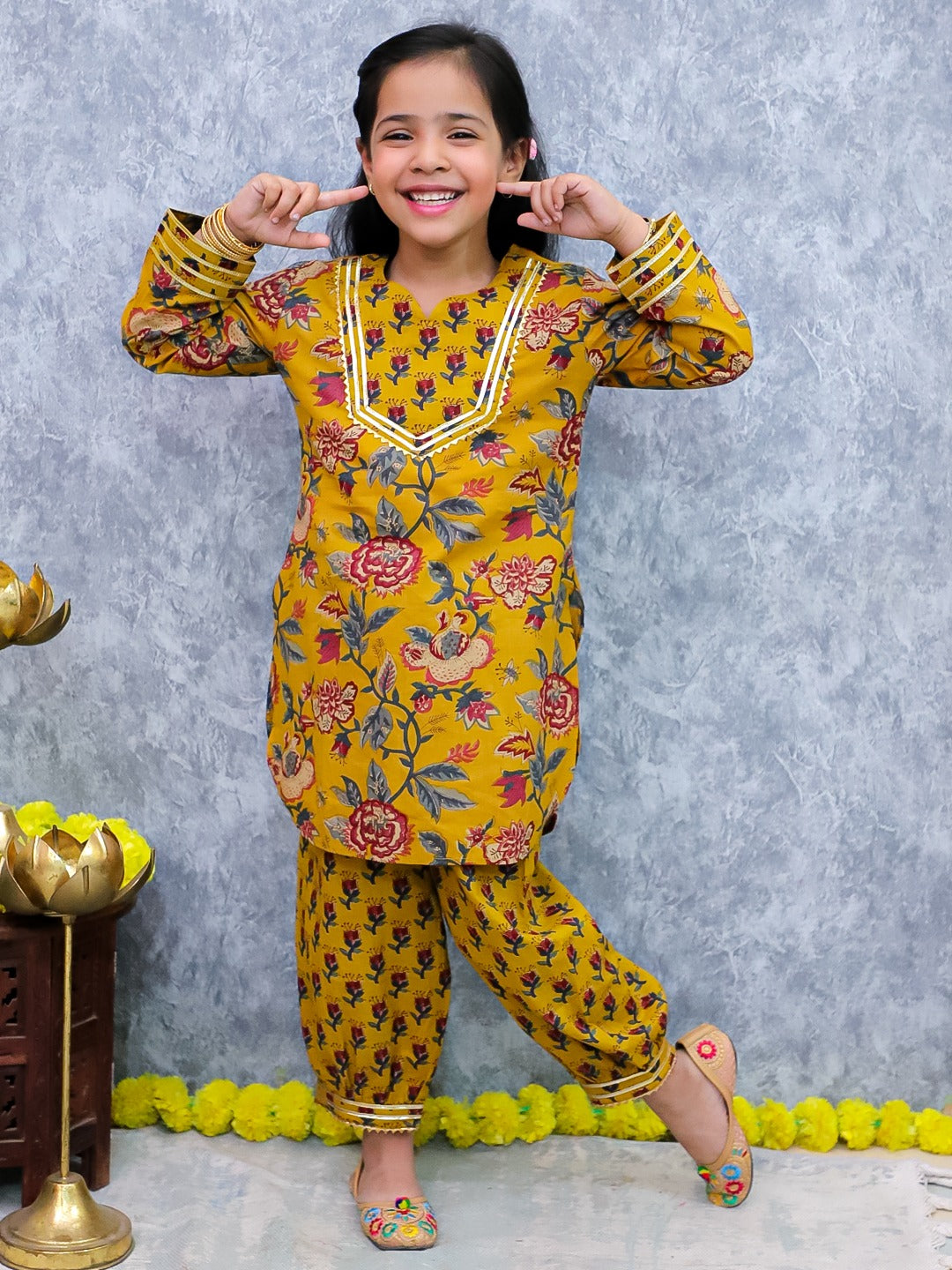 Unbind Mustard Floral Printed Kurta Set for Girls