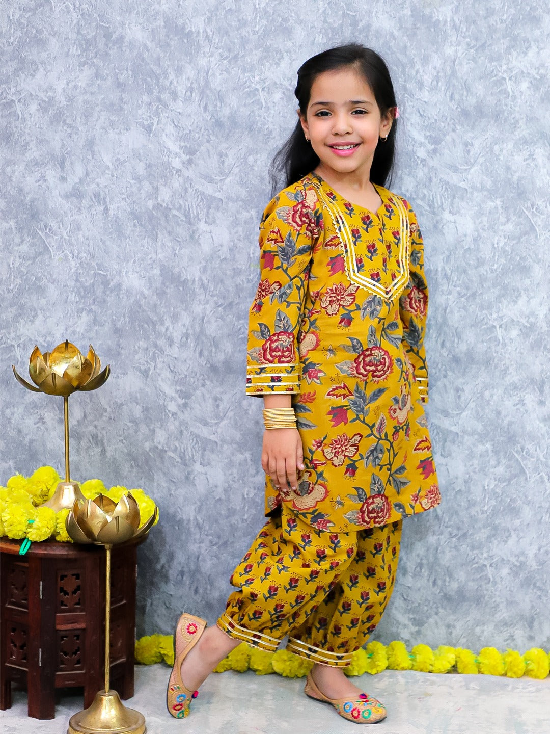 Unbind Mustard Floral Printed Kurta Set for Girls