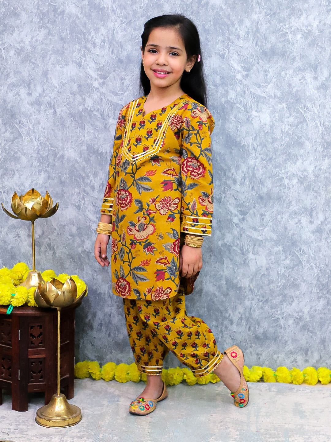 Unbind Mustard Floral Printed Kurta Set for Girls
