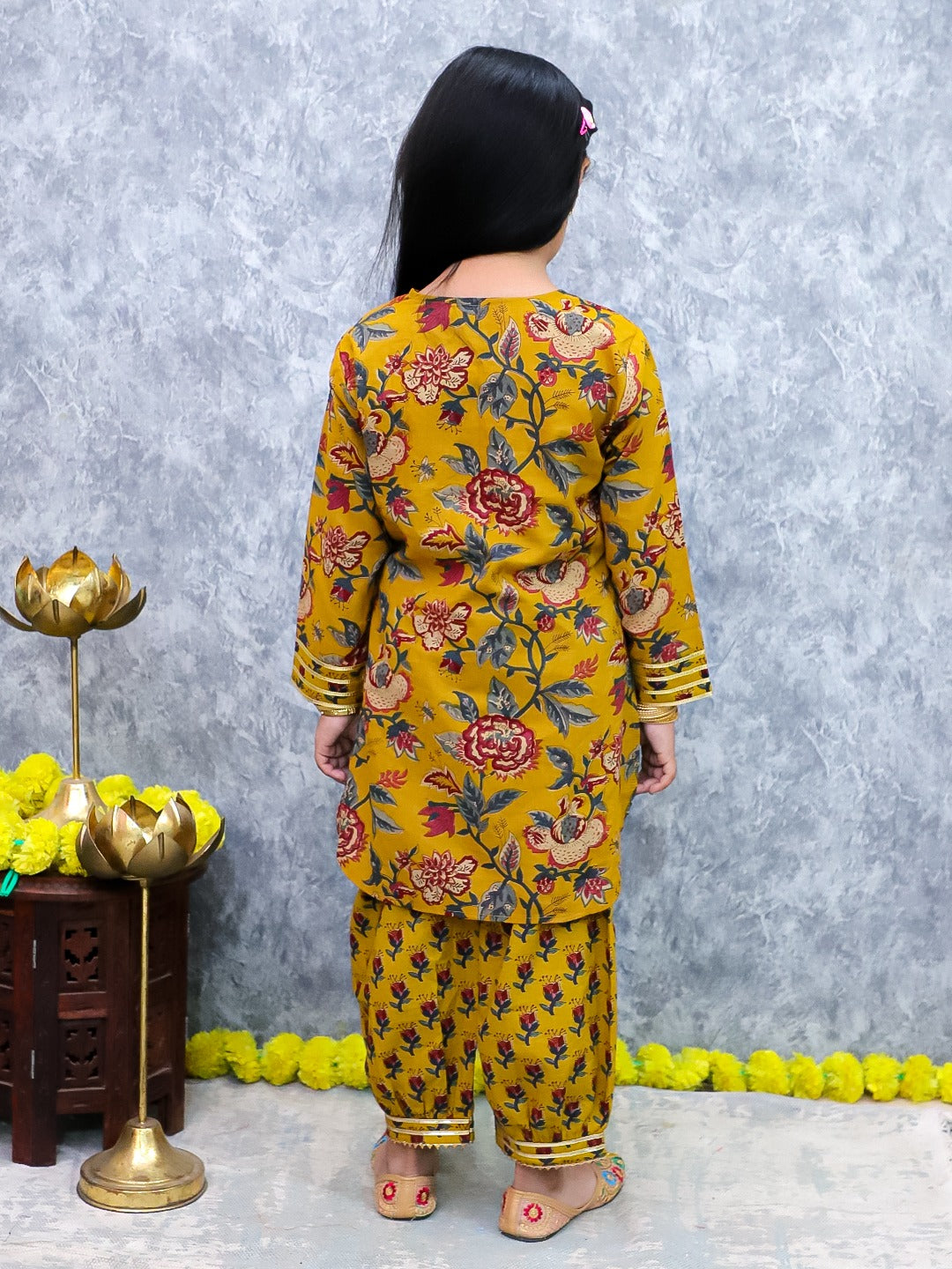 Unbind Mustard Floral Printed Kurta Set for Girls