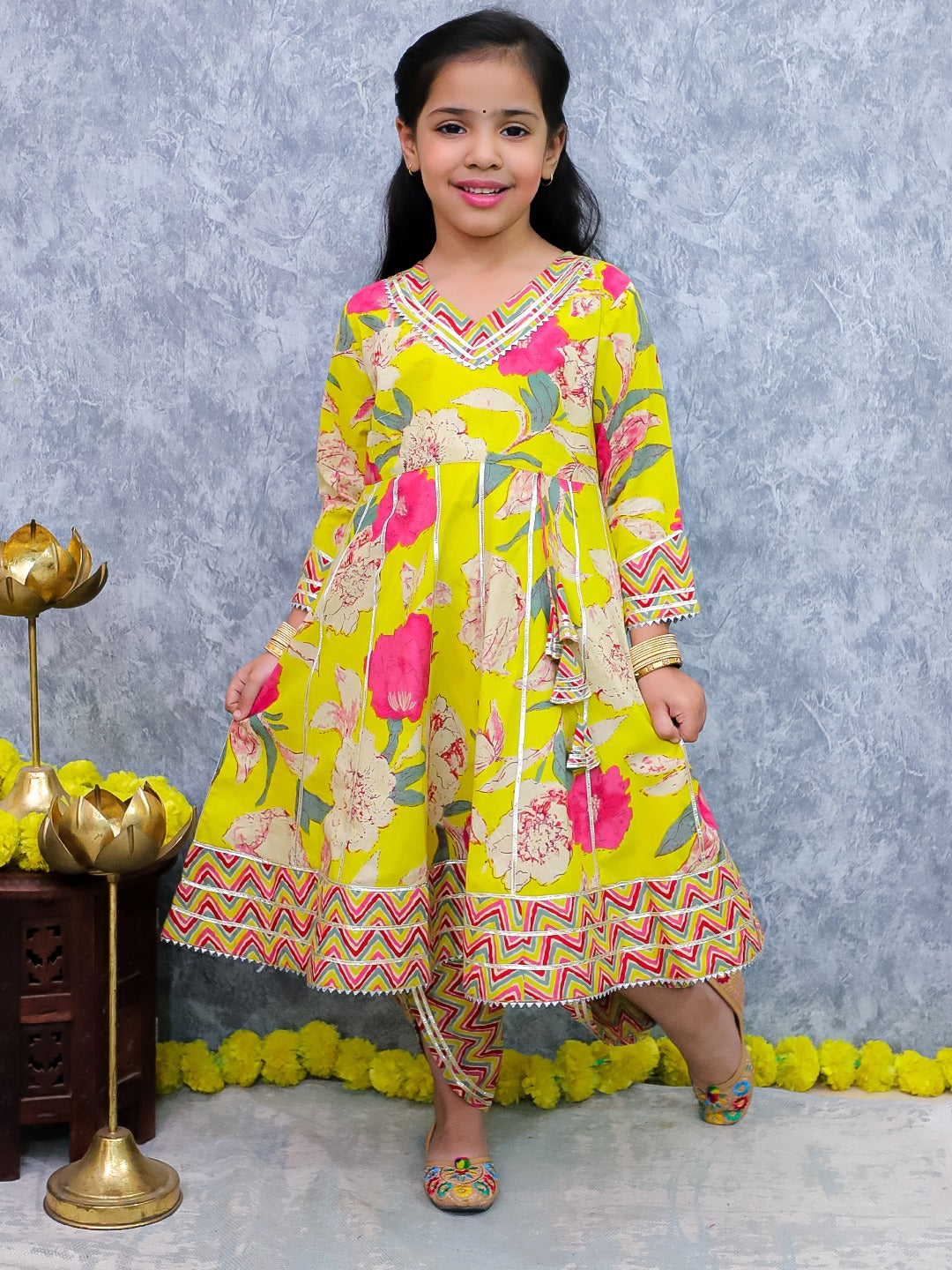 Unbind Girls Yellow Floral Kurta & Pant Set – Festive Ethnic Outfit