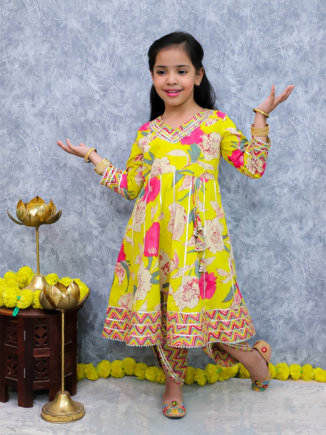 Unbind Girls Yellow Floral Kurta & Pant Set – Festive Ethnic Outfit