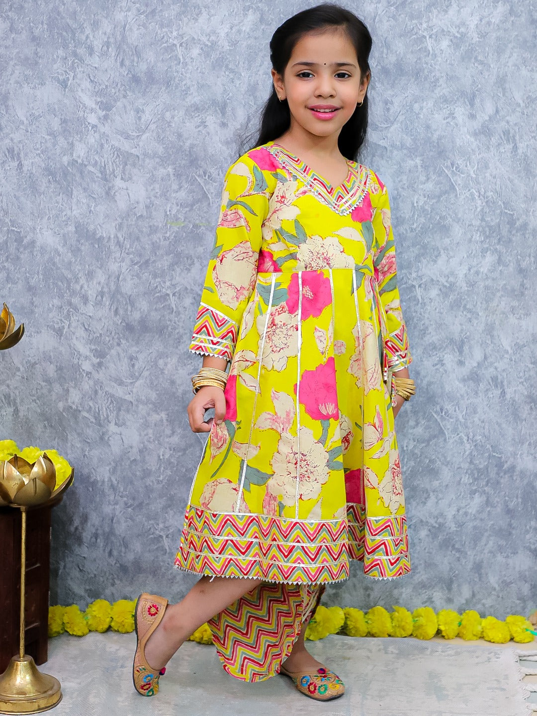 Unbind Girls Yellow Floral Kurta & Pant Set – Festive Ethnic Outfit