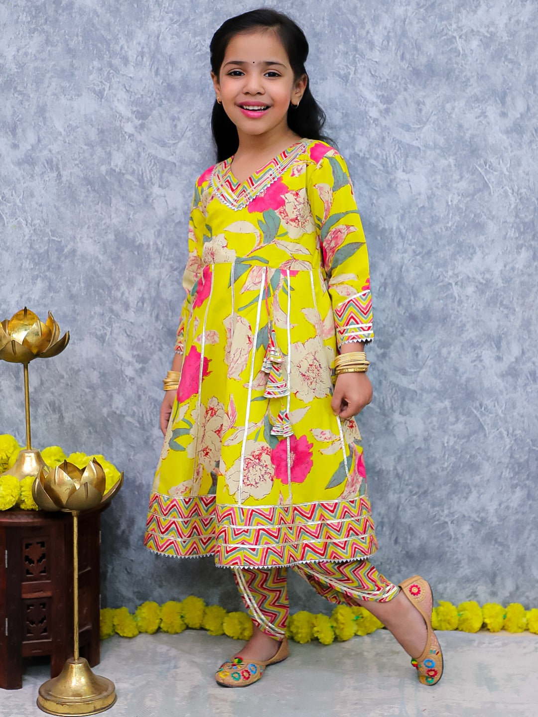 Unbind Girls Yellow Floral Kurta & Pant Set – Festive Ethnic Outfit