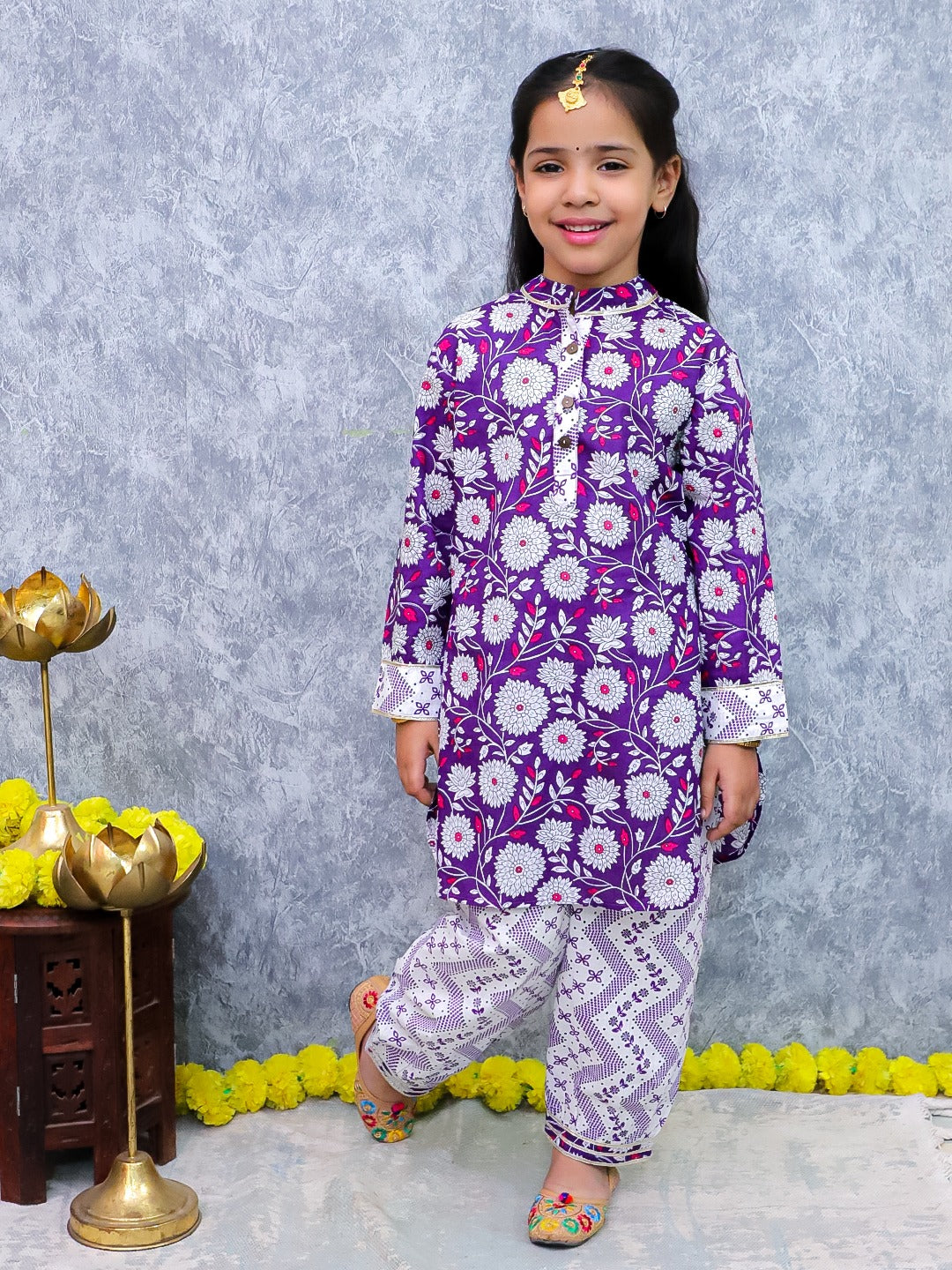 Unbind Girls Purple Floral Kurta Set - Festive Indian Kids Outfit
