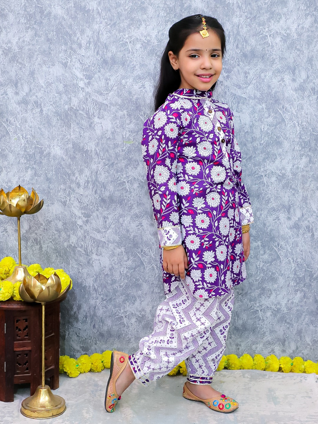 Unbind Girls Purple Floral Kurta Set - Festive Indian Kids Outfit