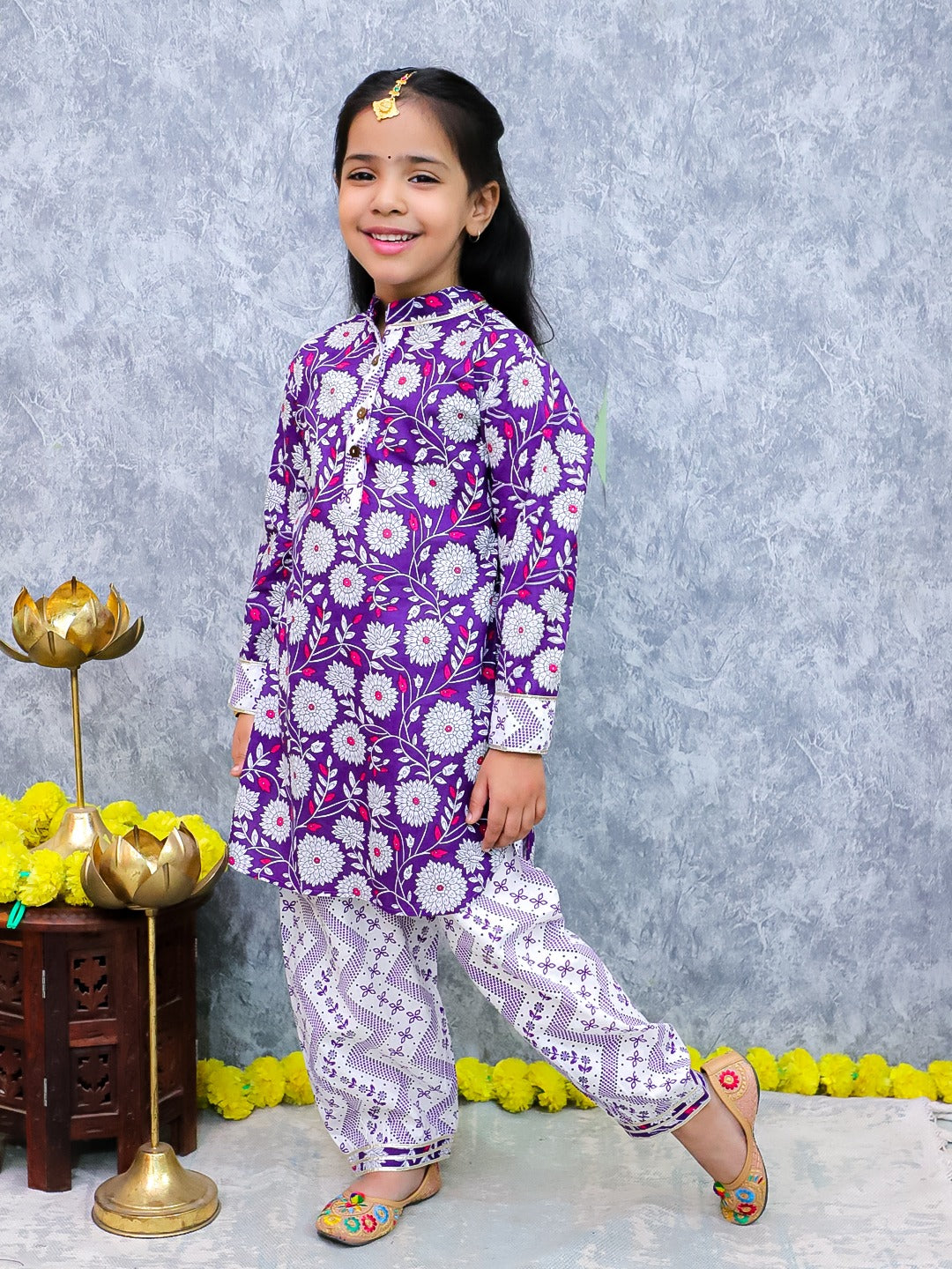 Unbind Girls Purple Floral Kurta Set - Festive Indian Kids Outfit