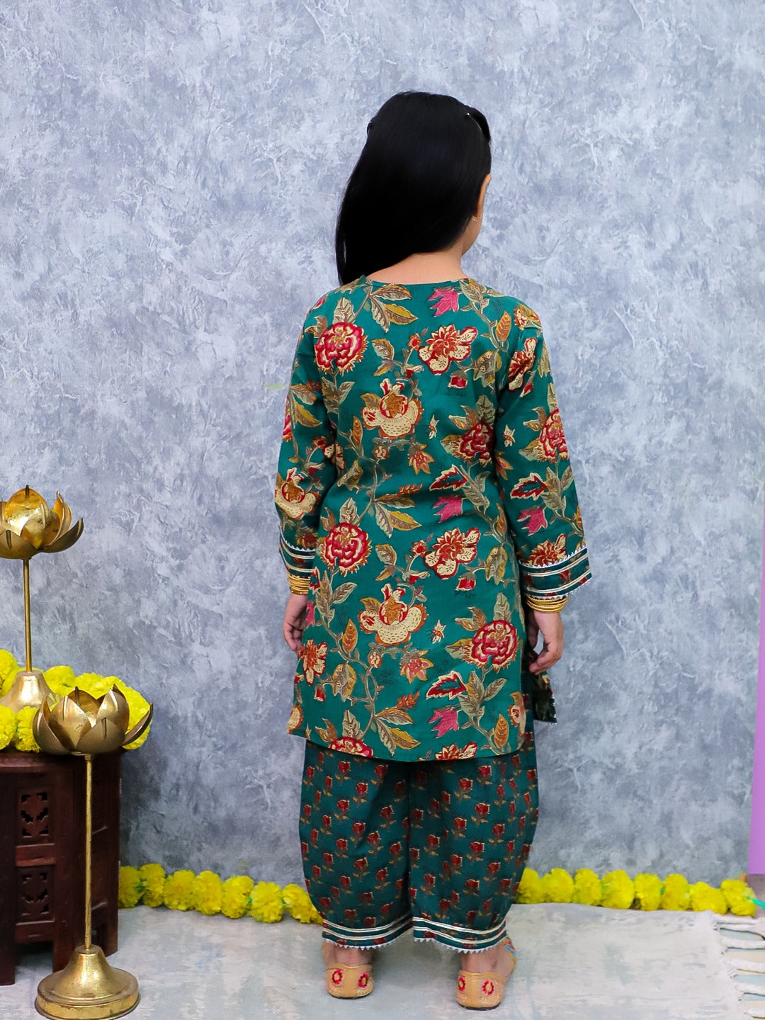 Unbind Girls Teal Floral Kurta Set | Festive Indian Kids Outfit