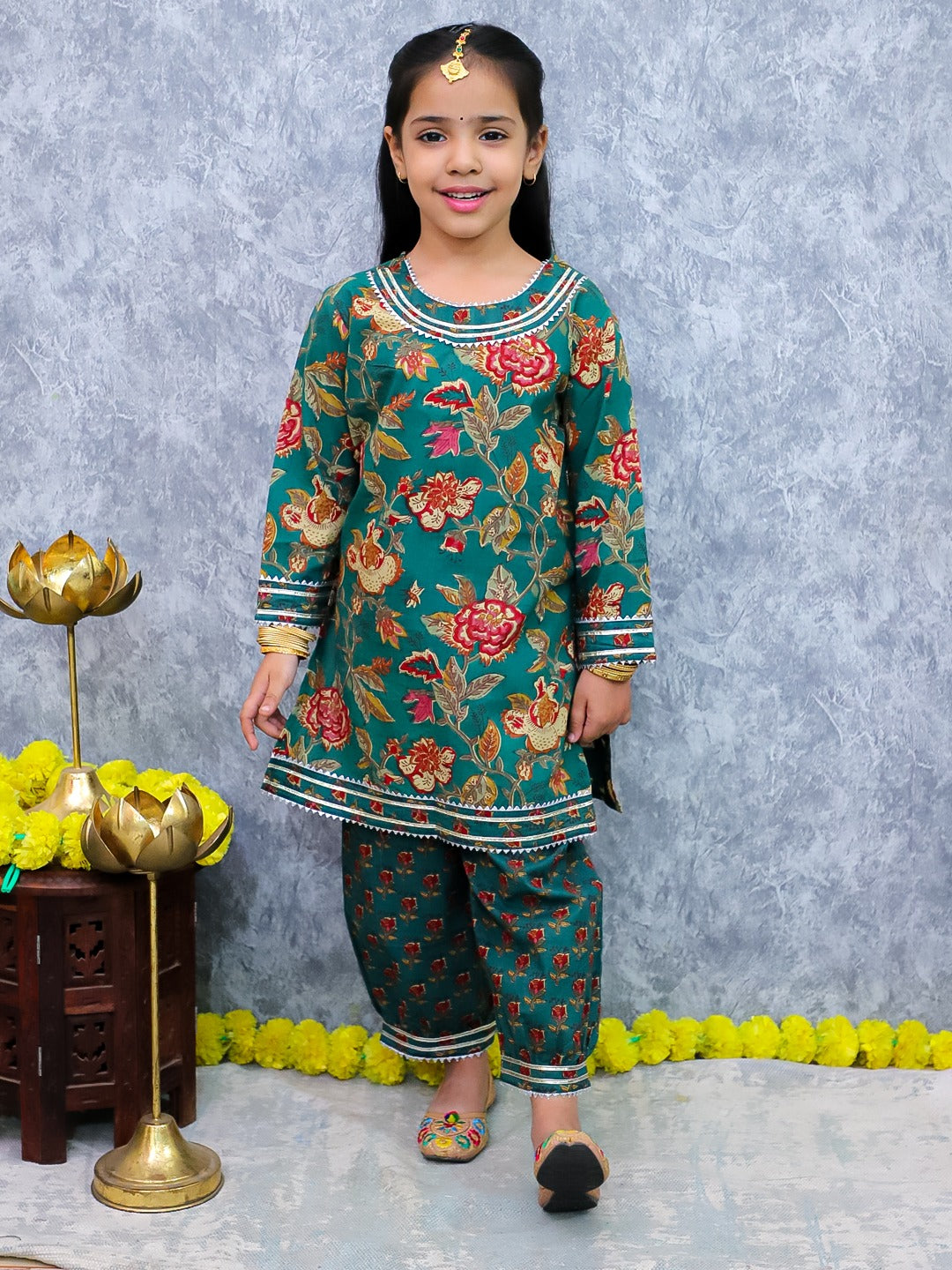 Unbind Girls Teal Floral Kurta Set | Festive Indian Kids Outfit