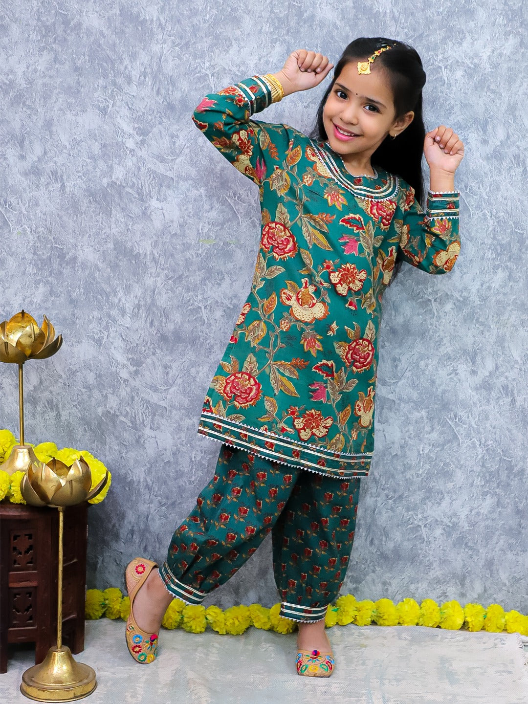 Unbind Girls Teal Floral Kurta Set | Festive Indian Kids Outfit