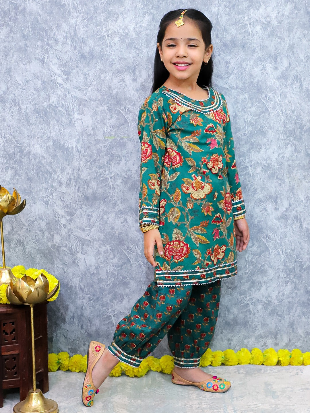Unbind Girls Teal Floral Kurta Set | Festive Indian Kids Outfit