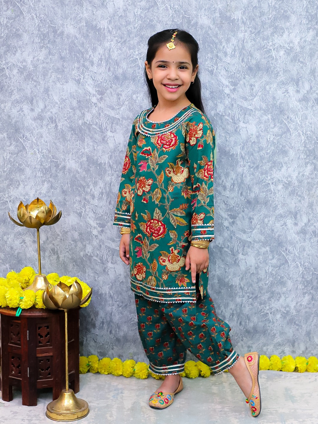 Unbind Girls Teal Floral Kurta Set | Festive Indian Kids Outfit