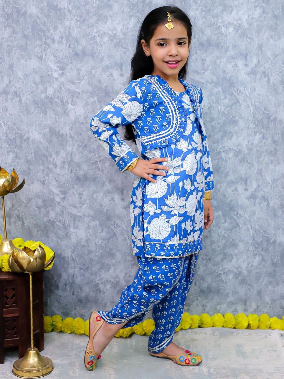 Unbind Girls Blue Floral Kurta Set | Festive Indian Kids Outfit