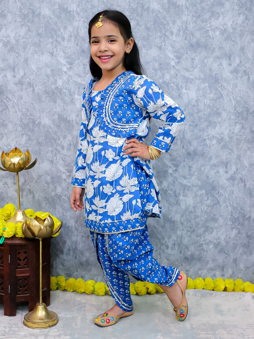 Unbind Girls Blue Floral Kurta Set | Festive Indian Kids Outfit