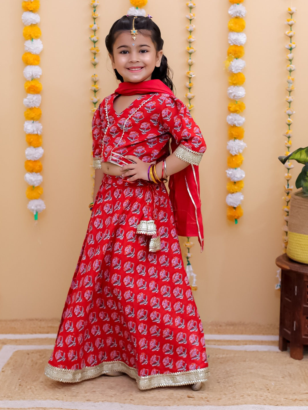 Unbind Girls Red Printed Lehenga Choli Set | Traditional Festive Wear