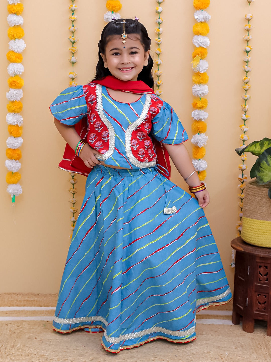 Unbind Girls Blue & Red Lehenga Choli Set with Jacket | Festive Ethnic Wear