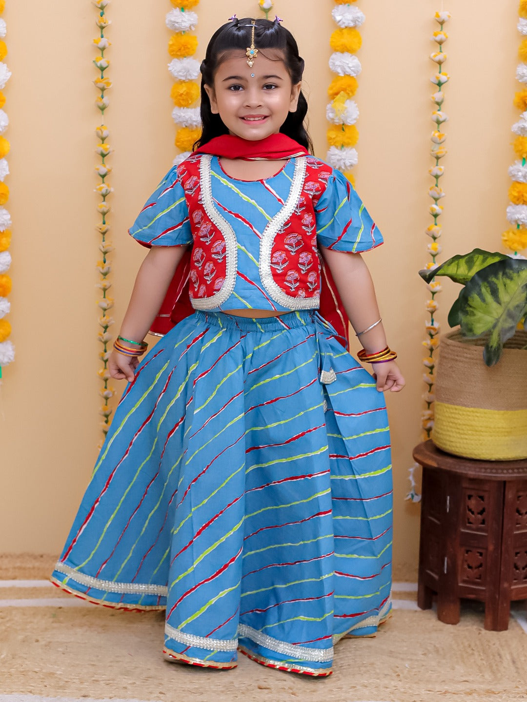 Unbind Girls Blue & Red Lehenga Choli Set with Jacket | Festive Ethnic Wear