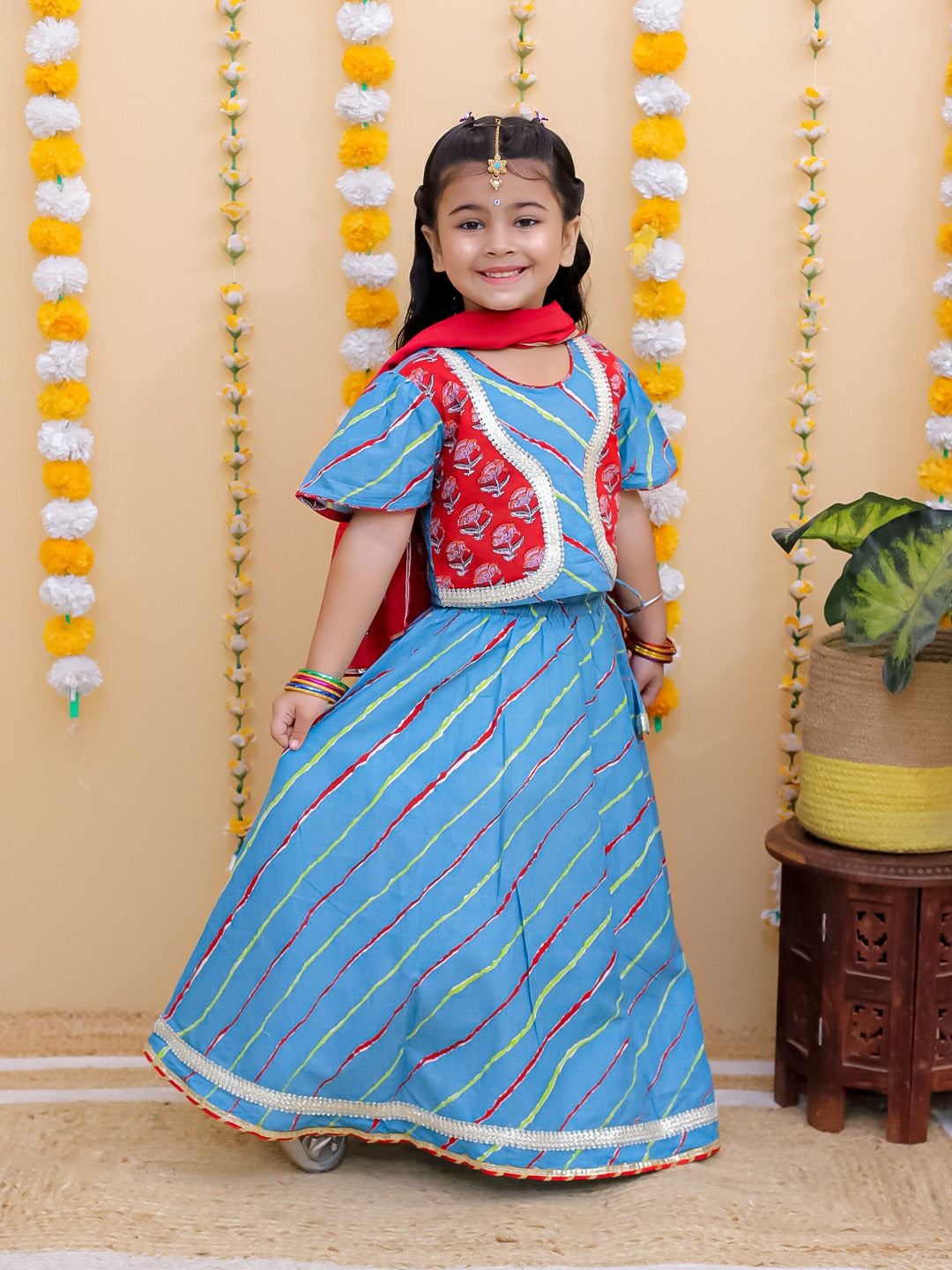 Unbind Girls Blue & Red Lehenga Choli Set with Jacket | Festive Ethnic Wear