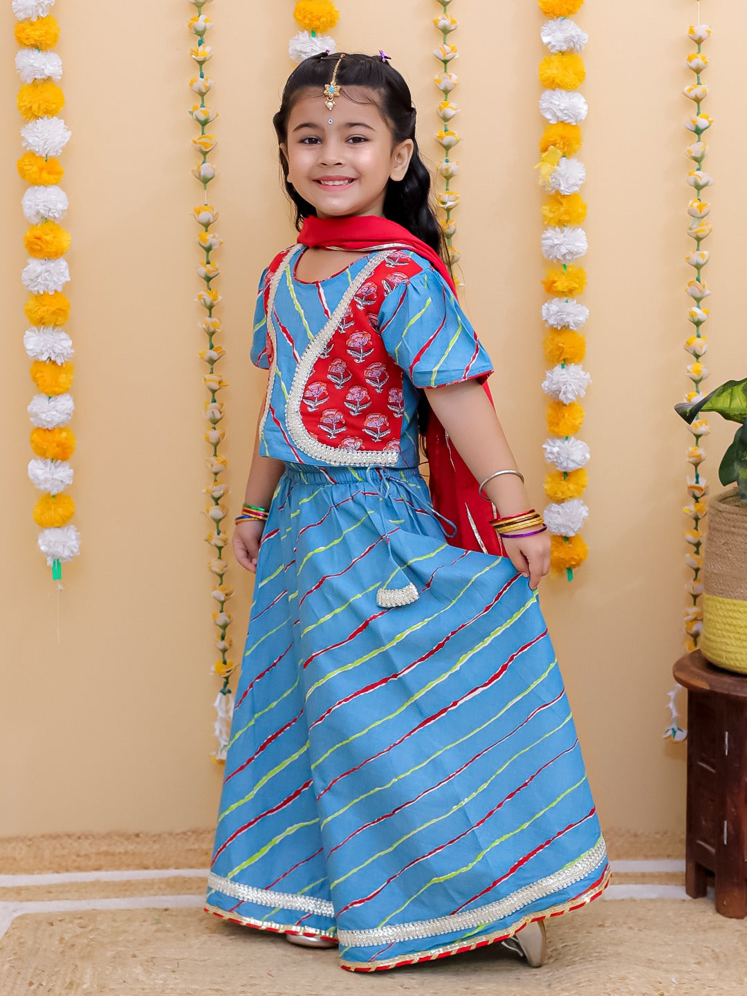 Unbind Girls Blue & Red Lehenga Choli Set with Jacket | Festive Ethnic Wear