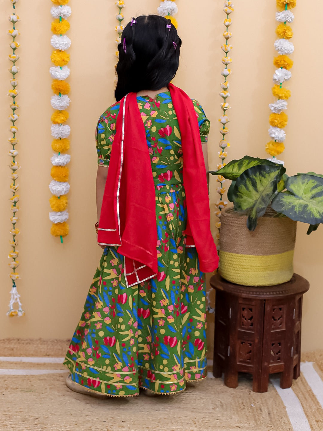 Unbind Girls Green Floral Lehenga Choli Set | Traditional Festive Wear