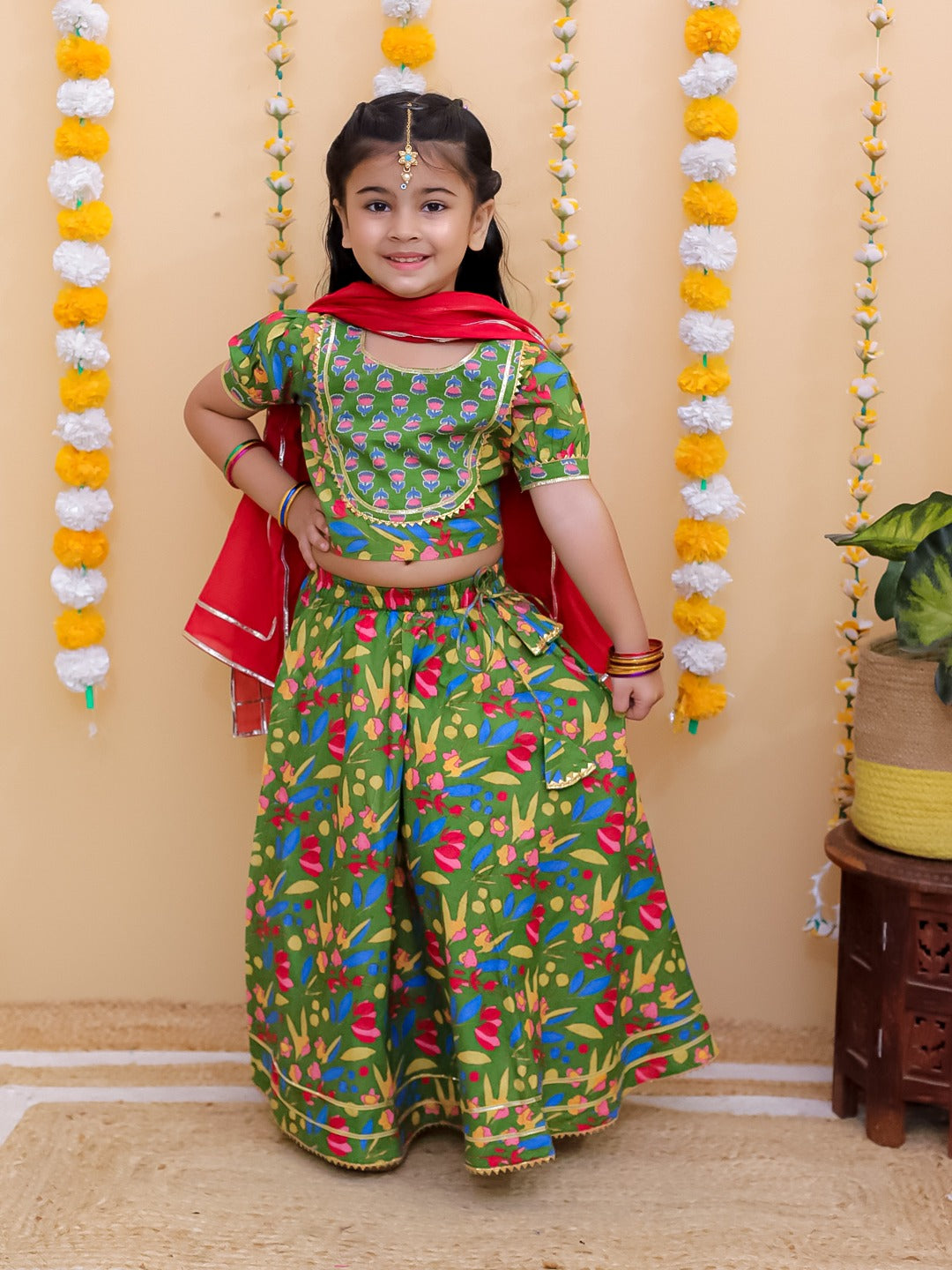 Unbind Girls Green Floral Lehenga Choli Set | Traditional Festive Wear
