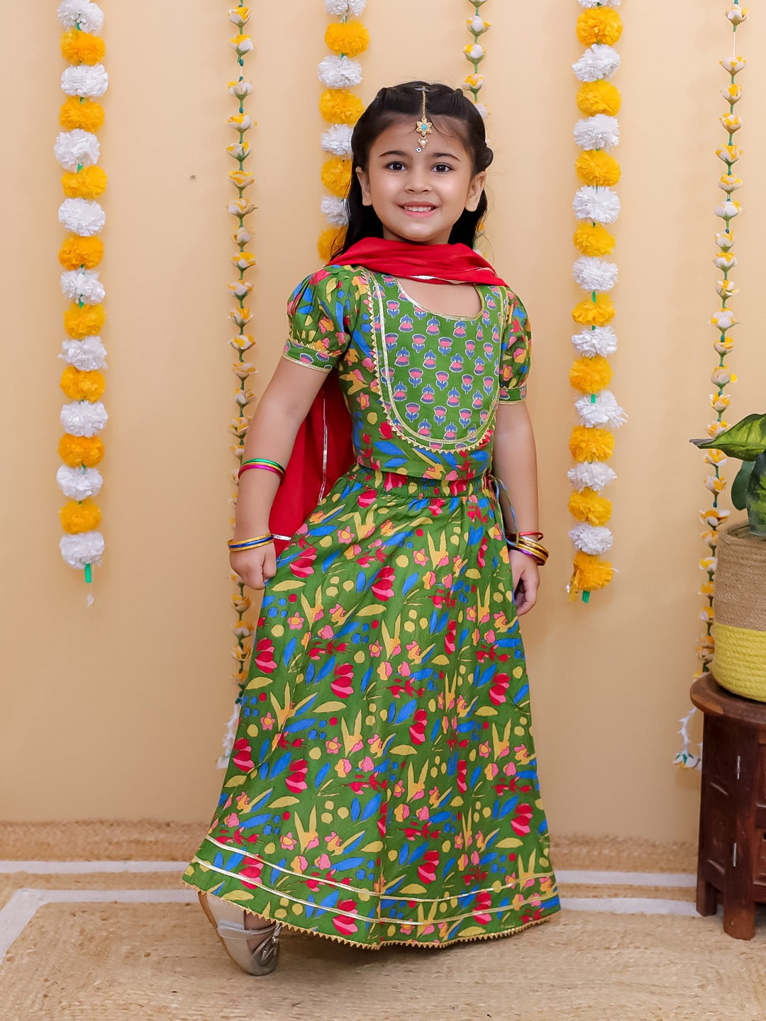 Unbind Girls Green Floral Lehenga Choli Set | Traditional Festive Wear