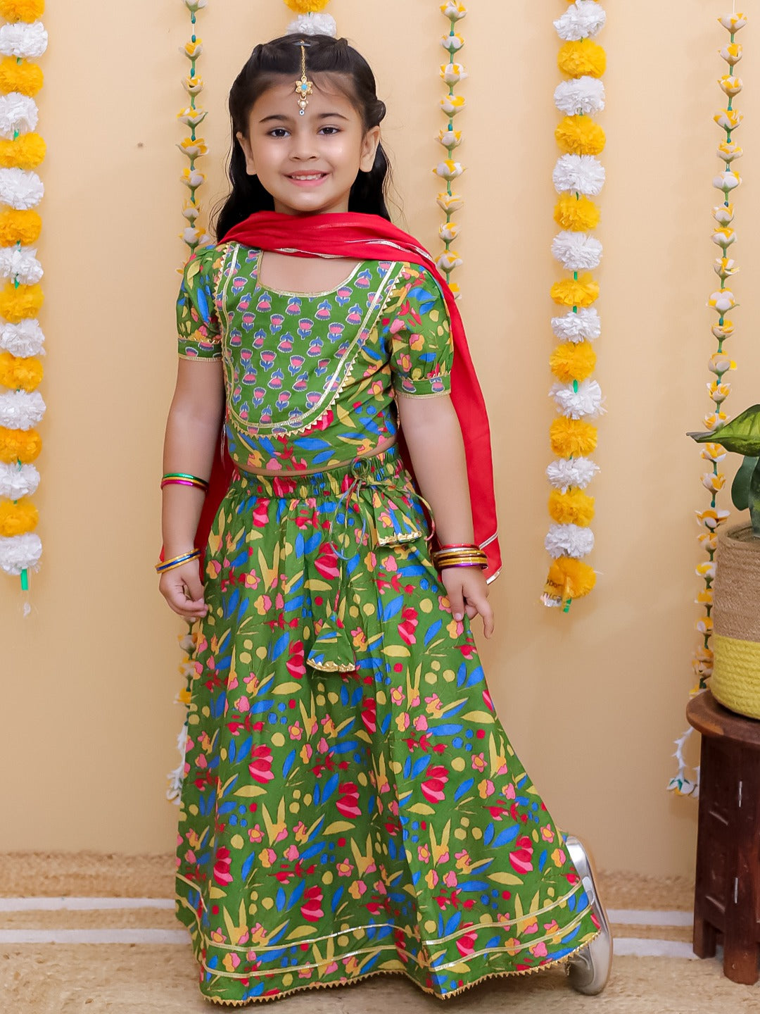 Unbind Girls Green Floral Lehenga Choli Set | Traditional Festive Wear