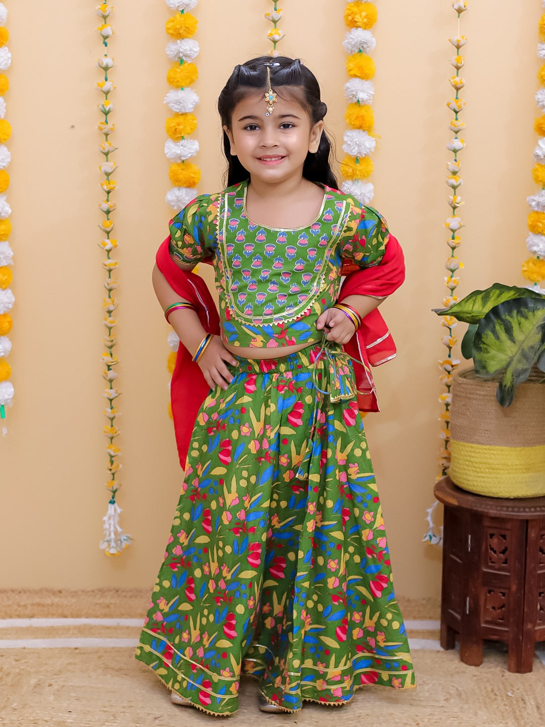 Unbind Girls Green Floral Lehenga Choli Set | Traditional Festive Wear