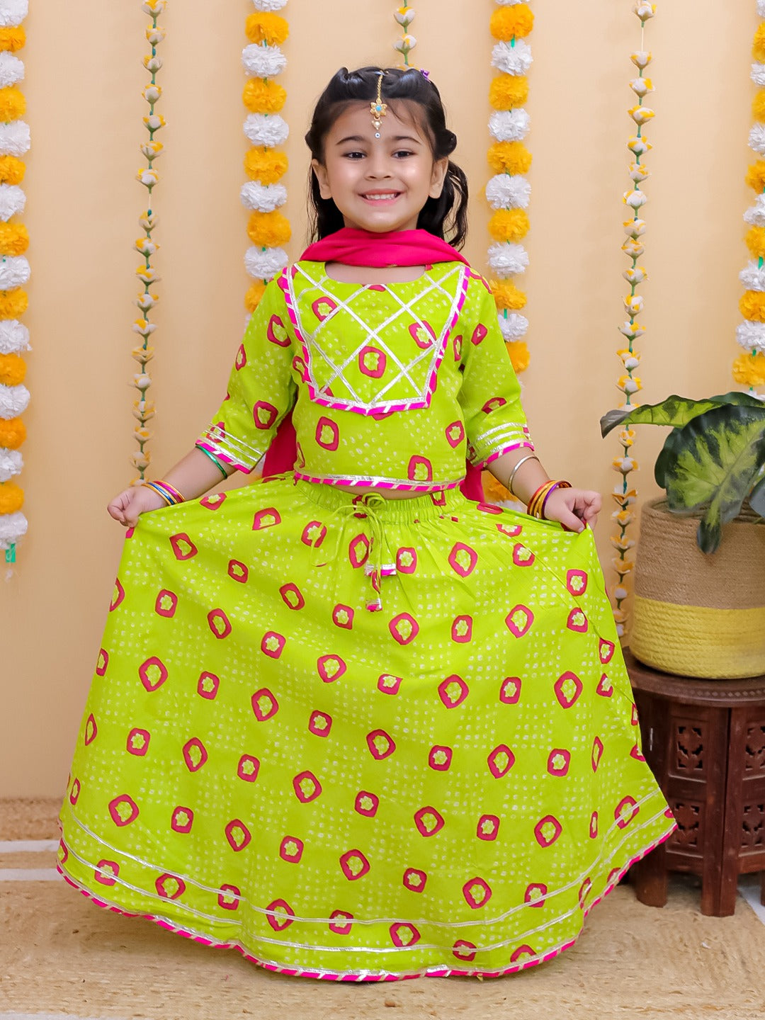"Neon Charm – Girls' Lime Green Bandhani Lehenga Set"