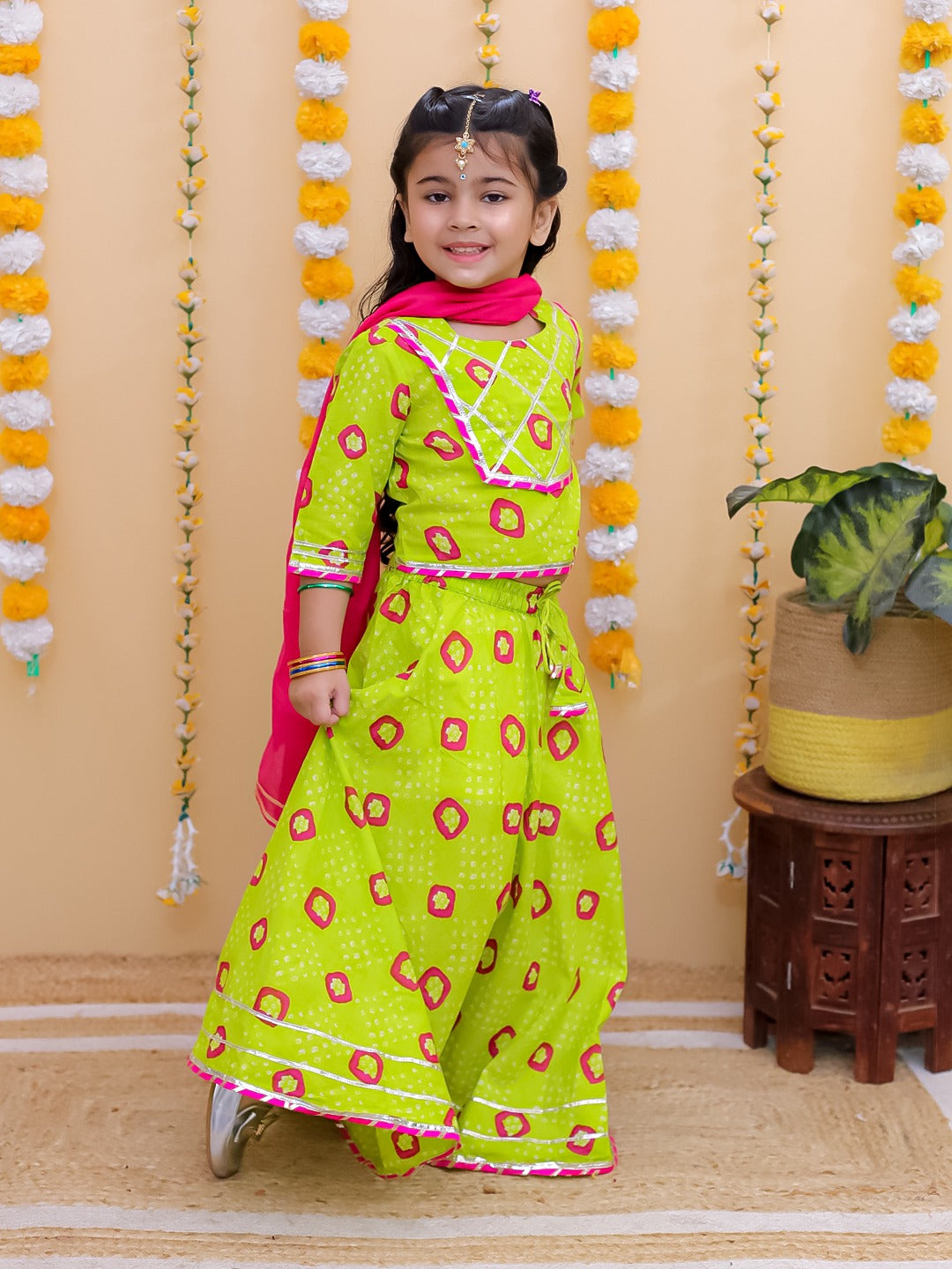 "Neon Charm – Girls' Lime Green Bandhani Lehenga Set"