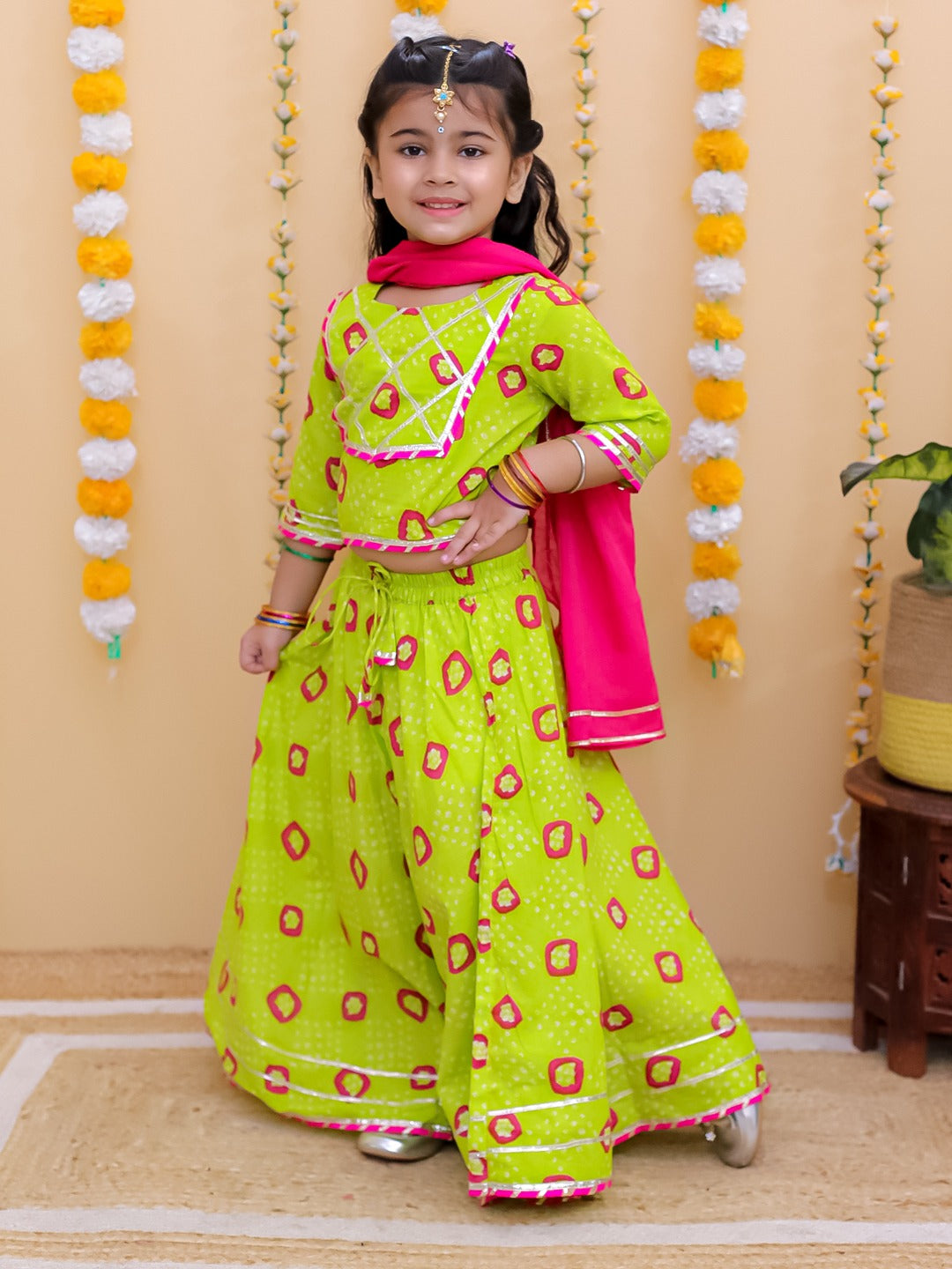 Unbind Neon Charm – Girls' Lime Green Bandhani Lehenga Set