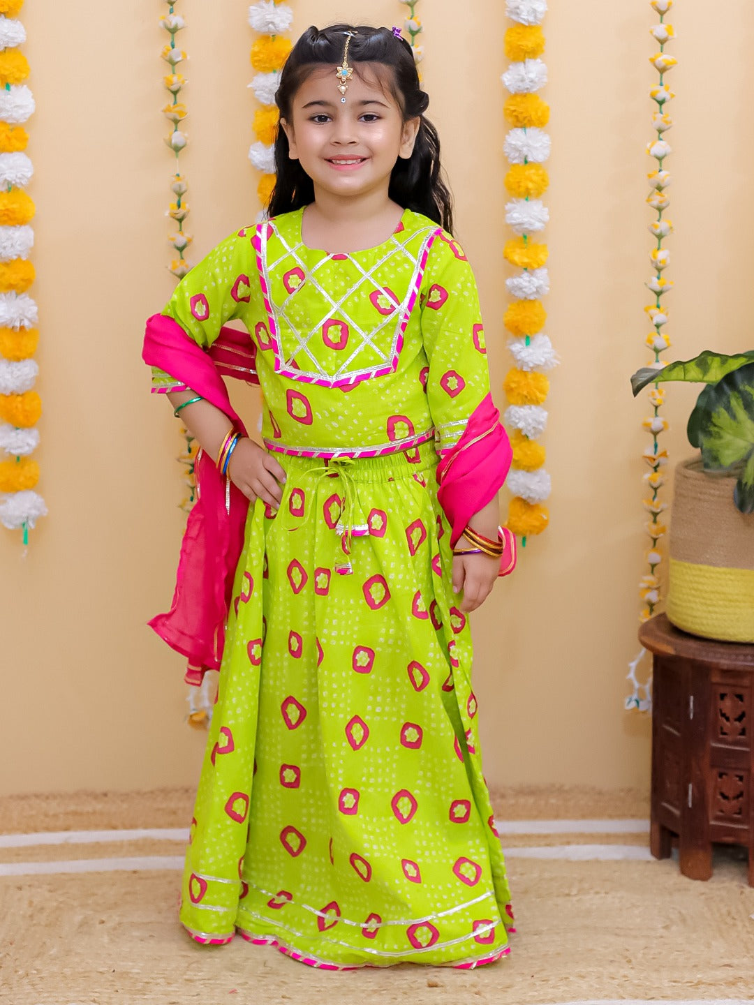 Unbind Neon Charm – Girls' Lime Green Bandhani Lehenga Set