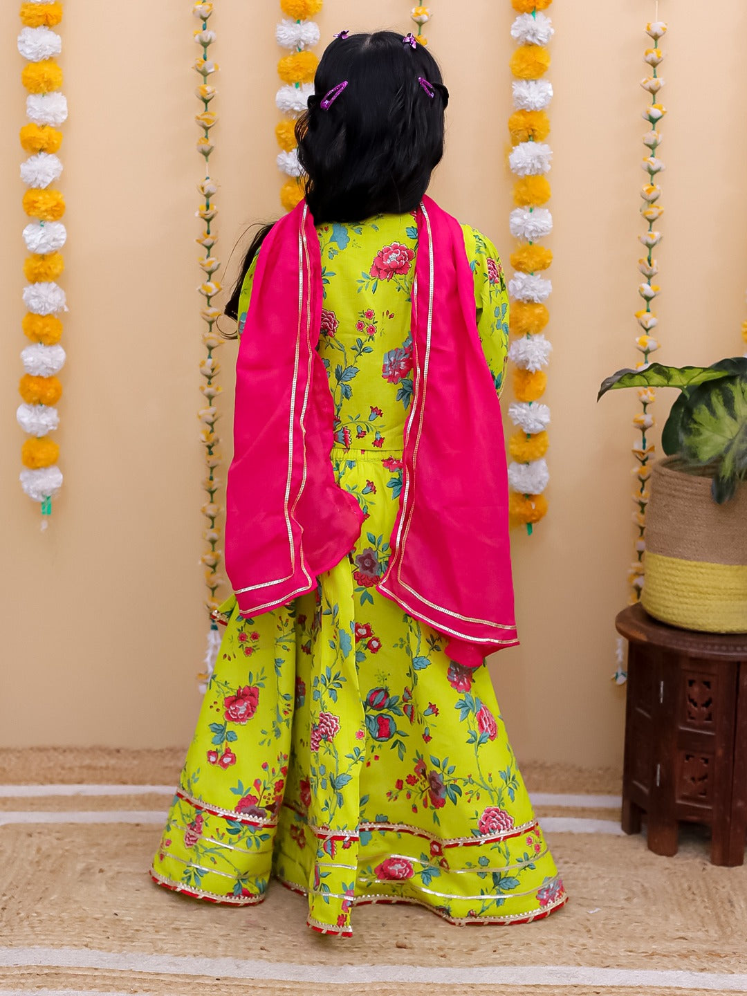 "Neon Charm – Girls' Lime Green Bandhani Lehenga Set"